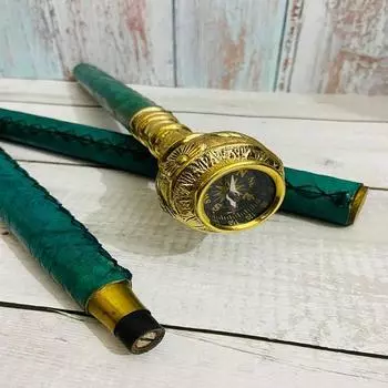 Антикварная трость для ходьбы с латунной ручкой и ручкой в виде компаса, деревянная трость для мужчин и женщин, декоративные трости с зеленой пенной рукояткой