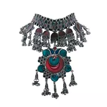 Антикварное серебряное оксидированное этническое тибетско-афганское богемное ювелирное колье-колье с большой подвеской с эмалью Минакари для женщин и девочек