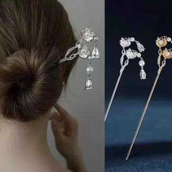 Антикварные аксессуары для волос Hanfu Qipao, заколка для волос с кисточкой, заколка для волос на каждый день, свежая, универсальная заколка для волос с двухсторонней заколкой в виде цветка One Size золотой