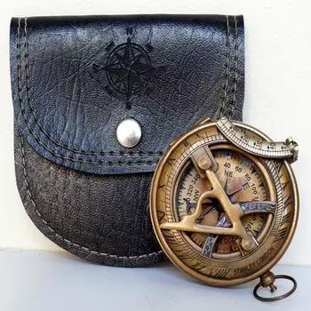 Антикварные магнитные солнечные часы 3-дюймовый компас с черным кожаным футляром подарок ручной работы