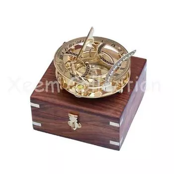 Антикварные винтажные цельные латунные круглые солнечные часы-компас с коробкой из палисандра 6