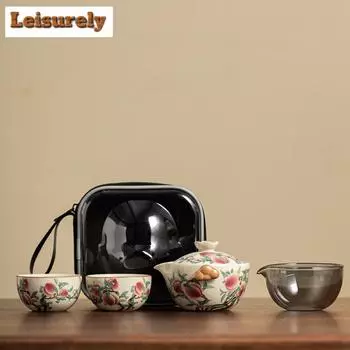 Антикварный чайный сервиз Ru Kiln Nine Peach Trave, элегантный набор из 1 чайника и 2 чашек, переносная сумка для кемпинга, китайский чайный сервиз, принадлежности