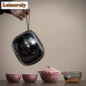 Антикварный чайный сервиз Ru Kiln Peony Flower, эстетичный, 1 чайник, 2 чашки, переносной дорожный органайзер, сумки, китайский чайный сервиз, подарочный набор