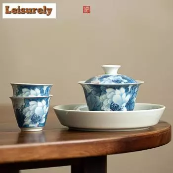 Антикварный керамический чайный сервиз «Сине-белый лотос», полный комплект, эстетический набор для чайной церемонии, набор для заваривания чая и чайных чашек, украшение для чайного сервиза