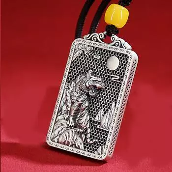 Антикварный кулон со знаком зодиака Тигр для пар мужчин и женщин, квадратная табличка-талисман, кулон в виде горы Тигр 2*4CM серебряный