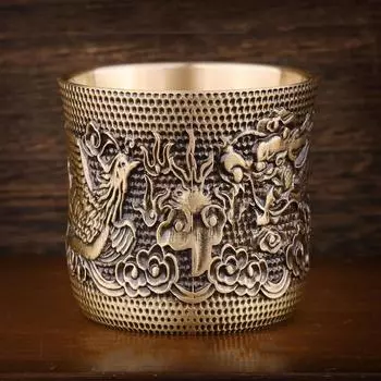 Антикварный рельефный дракон и благоприятная тонкая талия чашка украшение для чайного стола медная чашка китайская маленькая талия чашка One Size