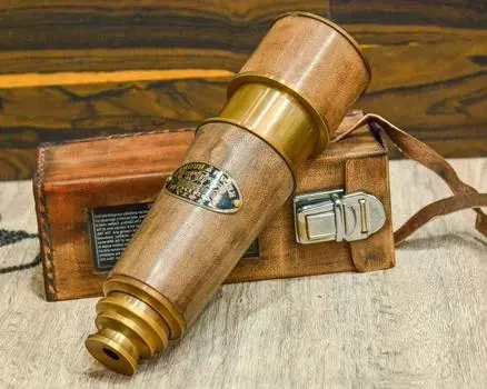 Антикварный телескоп из латуни и кожи с кожаным футляром, подарок жениху, свадебный подарок, подарок для него