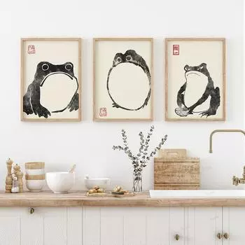 Антикварный винтажный холст с лягушкой Мацумото Ходзи, японский холст с принтом на дереве, уродливая милая жаба, ваби саби, настенный художественный декор, живопись без рамки 21*30cm No Frame