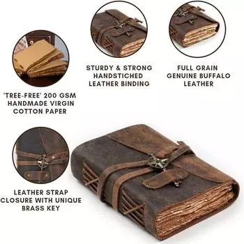 Антикварный винтажный кожаный дневник с краями бумаги и старинным латунным ключом-дневником 7 x 5 in коричневый