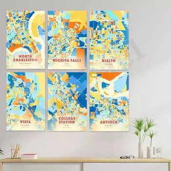 Антиохия. Виста. Риальто. Темекула. Кент. Витч. Зеленая бухта. Дауни. Авада. Пуэбло.Дулут.Норволк.Северный Чарльстон. Плакат с картой города 21cm30cm NoFrame