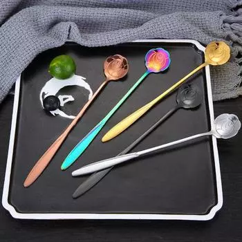 Антиожоговая яркая цветная практичная длинная ручка с цветком розы металлическая ложка для размешивания кофе ложка для смешивания разноцветный