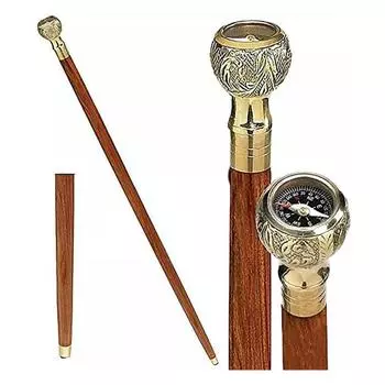Antique Brass Compass on Top Head Handle Brown Wooden Walking Stick Cane Vintage