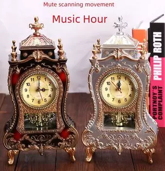 Antique European Style Silent Table Clock with 12 Melodies for Living Room Decor (Model F015)