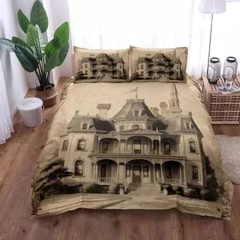 Antique House Vintage Duvet Cover Set King Queen Double Full Twin Single Size Bed Linen Set 140x200cm