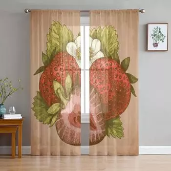 Antique Strawberry In Retro Style Sheer Curtains for Living Room Transparent Tulle Window Curtain Bedroom Kitchen Veil Drapes 135W x 114H(cm)