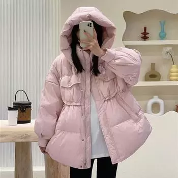 Антисезонная новая зимняя одежда молочный huhu с капюшоном пуховик женский средний и длинный белый утиный пух утолщенный свободный пальто прилив average size 90-75kg светло-синий