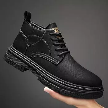 Antiskid Leisure Walk Mens Basic Boots Hot Sale Lace-up Ankle Boots All-match Outdoor Walking Shoes High Top Male Business Botas 39 чёрный