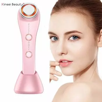 Антивозрастная косметическая машина RF Радиочастотный светодиодный фотонный прибор для ухода за кожей Ультразвуковая чистка Подтяжка лица Подтяжка морщин Инструмент для удаления розовый