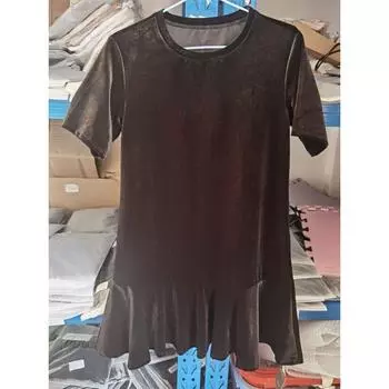 Антивозрастная мода Платье с большим подолом из плюша с коротким рукавом Black XL