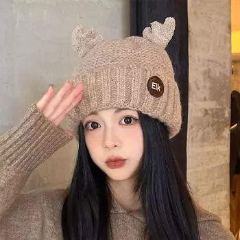Antlers wool hat women s autumn and winter big head circumference knitted hat Internet celebrity small face plush warm ear hat Elastic (suitable for most head circumferences)