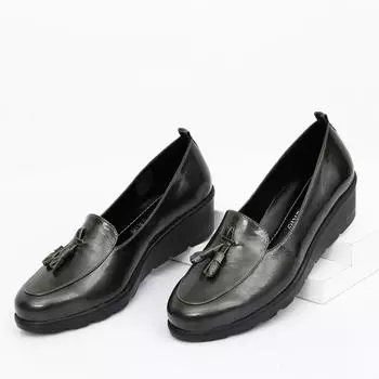 Антрацит Лакированная кожа Натуральная кожа Круглый носок Заполненная подошва с кисточками Женские повседневные туфли