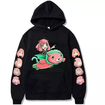 Anya Cute Cartoon Print Hooded Anime Spy X Family Hoodie Men Women Clothes Plus Size Streetwear Harajuku Unisex Sweatshirt Tops XS чёрный