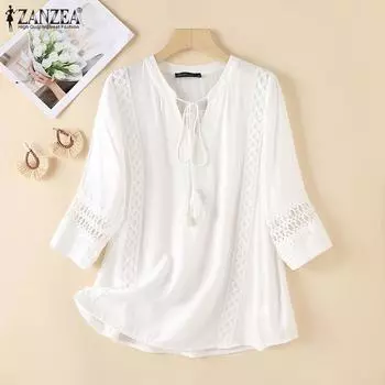 ANZEA Женская повседневная кружевная лоскутная летняя блузка с v-образным вырезом и рукавами 3/4 3XL чёрный