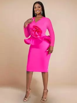 AOMEI 3D Цветочные вечерние платья женские V Nenck Длинные рукава Оборки Пакет Hip Вечерние события Миди наряды S ярко-розовый