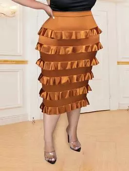 AOMEI элегантная юбка с высокой талией для женщин, летняя облегающая юбка-миди с оборками, эластичная атласная офисная одежда для вечеринок и ужинов S коричневый