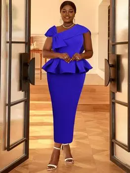 AOMEI элегантные синие вечерние платья с рюшами для женщин, асимметричный вырез, галстук-бабка, тонкая талия, макси, вечернее свадебное женское платье