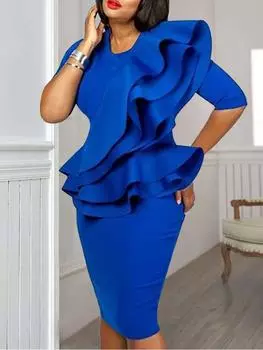 AOMEI Бальные платья для женщин с круглым вырезом и оборками, баской и половиной рукавов, пакет, бедра, празднование дня рождения, свидание, стильные новые африканские платья S синий