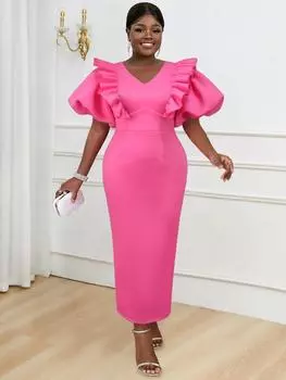 AOMEI Барби розовые большие размеры вечерние платья для женщин с рюшами и короткими пышными рукавами длинные тонкие свадебные платья для гостей, вечерние платья