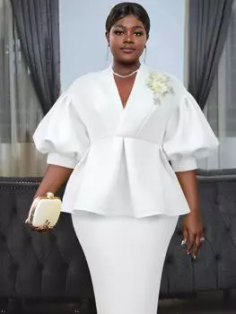 AOMEI белая блузка рубашка с v-образным вырезом топы для женщин рукав-фонарик с высокой талией баска кружево цветочная одежда вечернее мероприятие большой размер S белый