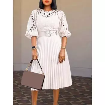 AOMEI белое элегантное кружевное платье трапециевидной формы с высокой талией офисное женское повседневное вечерние плиссированное летнее платье с поясом S белый