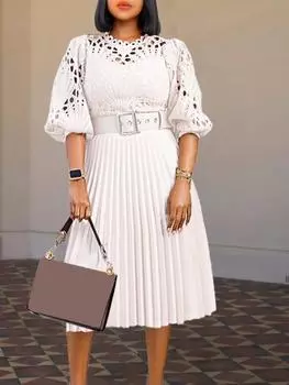 AOMEI белое элегантное кружевное платье трапециевидной формы с высокой талией офисное женское повседневное вечерние плиссированное летнее платье с поясом S чёрный