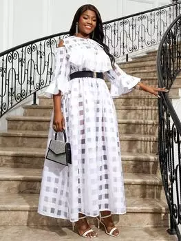 AOMEI белое клетчатое длинное платье для женщин с круглым вырезом и расклешенными рукавами, прозрачные повседневные вечерние платья трапециевидной формы с поясом 1XL белый