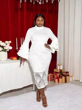 AOMEI белое кружевное платье в стиле пэчворк с высоким воротом и длинными расклешенными рукавами, ампирные вечерние платья для женщин, коктейльная вечеринка