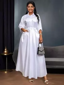 AOMEI белые длинные платья с коротким рукавом и высокой эластичной резинкой на талии, атласные атласные платья для офиса, вечерние наряды для женщин 2XL белый