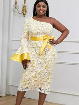 AOMEI Белые кружевные платья для женщин 2024 Высокое качество Элегантный халат миди с бантом на одно плечо Расклешенные рукава Вечерние платья для выпускного вечера