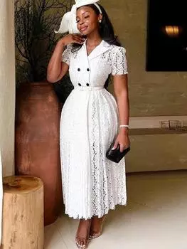 AOMEI белые кружевные платья винтажные с коротким рукавом прозрачные платья миди на пуговицах с вырезом для женщин 1XL белый
