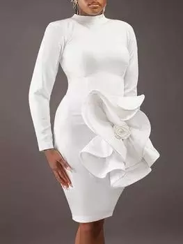 AOMEI белые платья для женщин с большими цветочными оборками, облегающее платье с длинными рукавами, полувысокий воротник, элегантное облегающее тонкое платье, вечернее платье для празднования