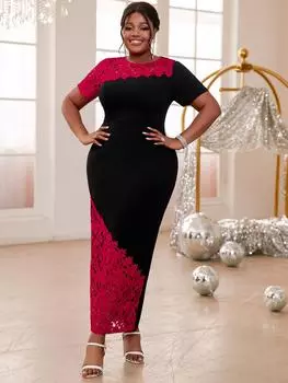 AOMEI Black Red Lace Dresses Women Elegant O Neck Short Sleeve Bodycon Patchwork Casual Evening Party Long Outfits