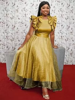 AOMEI желтые атласные выпускные платья для женщин с ярусными оборками и короткими рукавами, сетчатые пэчворк-плиссированные платья