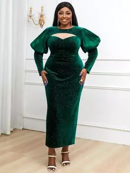 AOMEI Блестящие бархатные длинные вечерние платья для женщин с круглым вырезом и вырезом из тюля в стиле пэчворк с рукавами-фонариками облегающие вечерние рождественские платья