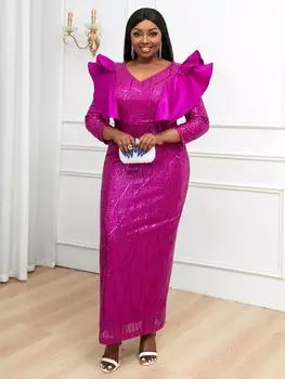 AOMEI Блестящие блестящие платья для женщин с блестками и V-образным вырезом в стиле пэчворк с оборками-карандашом Элегантное тонкое сексуальное вечернее платье для банкета и клуба, роскошное платье S ярко-розовый