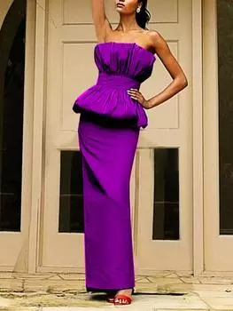 AOMEI блестящий топ-труба фиолетовые длинные вечерние платья для женщин сексуальные без бретелек складки с рюшами облегающие разрезы африканские женские коктейльные платья для выпускного вечера