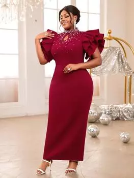 AOMEI бордовое роскошное платье для женщин с вырезом-стойкой, бисером, оборками на рукавах, облегающее платье миди размера плюс S винный