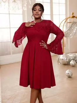 AOMEI бордовые кружевные платья А-силуэта для женщин с круглым вырезом, длинными расклешенными рукавами, высокой талией, миди-платья