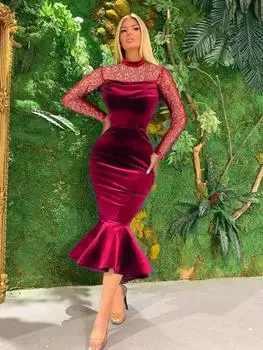 AOMEI бордовые кружевные платья женские прозрачные с длинным рукавом тонкие бархатные вечерние коктейльные платья наряды русалки S винный