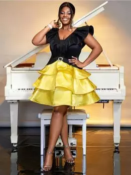 AOMEI Черно-желтые вечерние платья с V-образным вырезом и оборками без рукавов с высокой талией на день рождения, выпускные платья для женщин 1XL жёлтый